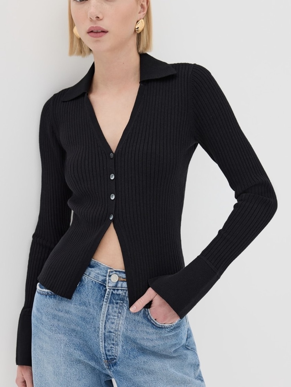 Reformation Black Ribbed Knit Button-Up Top